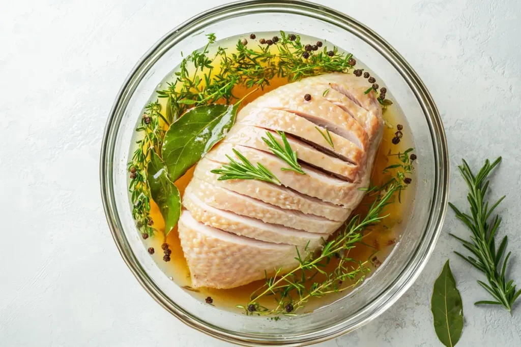 Turkey breast soaking in a homemade brine with herbs