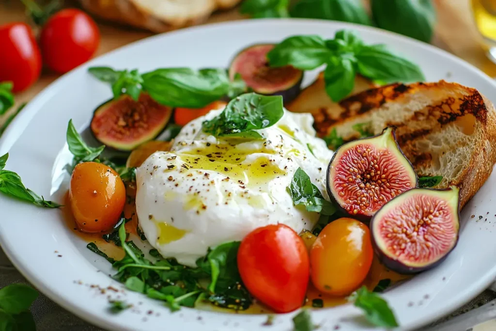 Burrata Caprese served with grilled bread and fruits on a summer lunch table