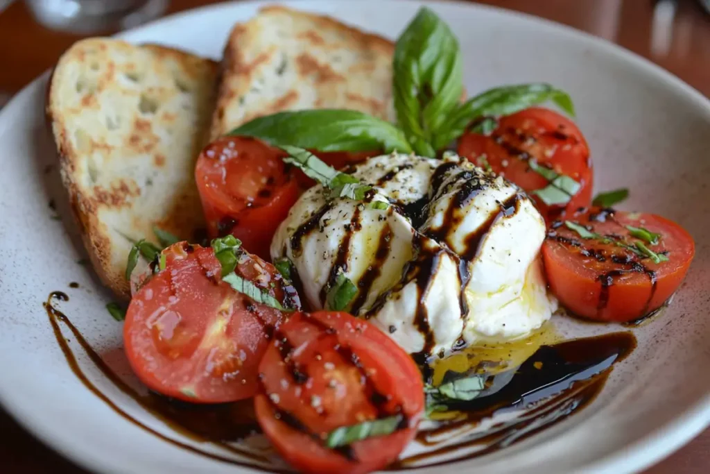 Burrata Caprese salad with creamy burrata cheese, ripe tomatoes, fresh basil, balsamic glaze, and toasted bread slices on a white plate.