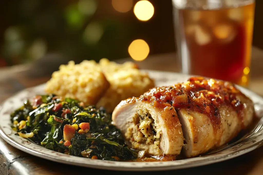 Cajun stuffed chicken served with collard greens and cornbread on a plate.