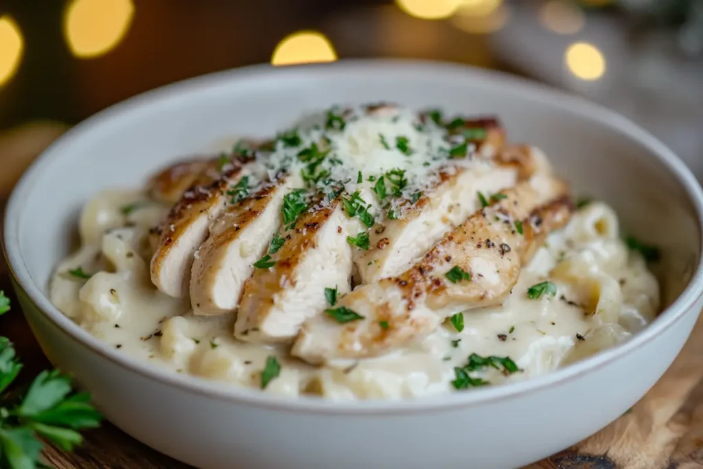 Creamy chicken Alfredo pasta topped with grilled chicken slices, parsley, and grated Parmesan cheese in a white bowl.