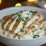 Creamy chicken Alfredo pasta topped with grilled chicken slices, parsley, and grated Parmesan cheese in a white bowl.