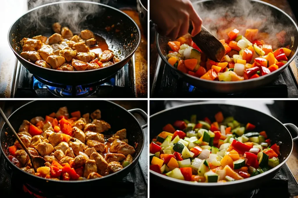 Steps showing how to cook chicken, prepare vegetables, and assemble a casserole