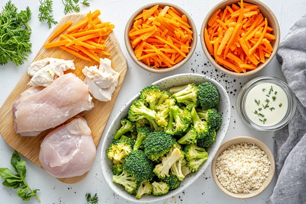 Ingredients for chicken vegetable casserole laid out on a wooden counter