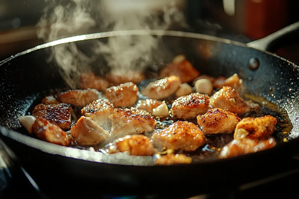 Chicken breasts sautéing in a skillet for chicken Alfredo