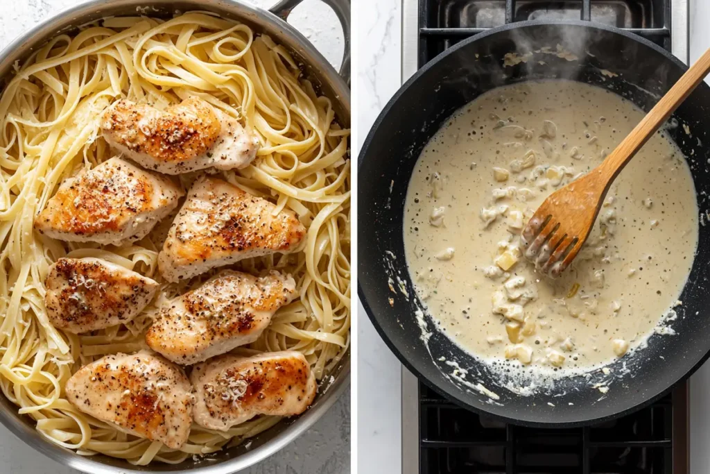 Steps of cooking garlic Parmesan chicken pasta from pan to pot