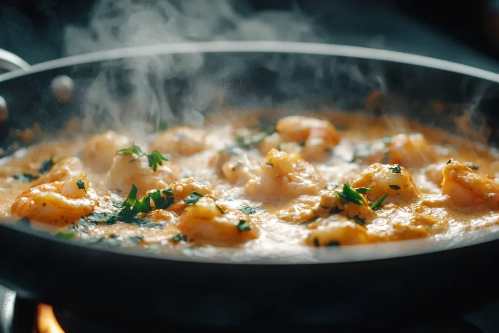 Shrimp cooking in coconut sauce in skillet