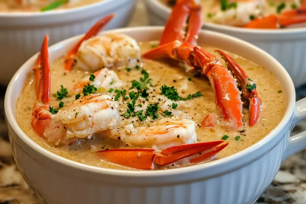 A close-up of a creamy crab and shrimp seafood bisque garnished with fresh parsley, featuring tender shrimp and vibrant crab claws in a white bowl.