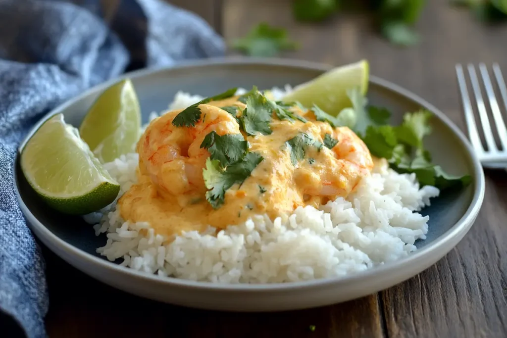 Plate of creamy coconut shrimp served over jasmine rice with lime wedges and cilantro garnish