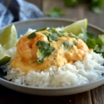 Plate of creamy coconut shrimp served over jasmine rice with lime wedges and cilantro garnish