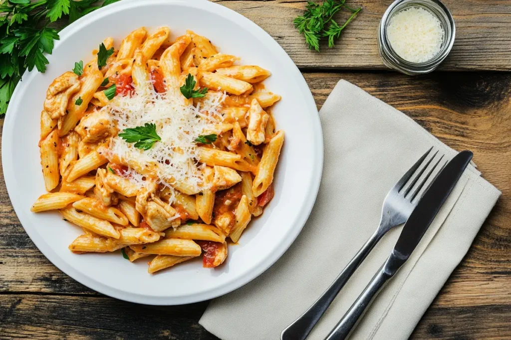 A plate of creamy garlic Parmesan chicken pasta garnished with parsley and grated Parmesan cheese, served on a rustic wooden table.