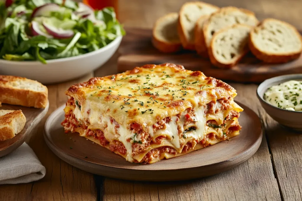 Barilla lasagna recipe served with a fresh green salad, crusty bread, and creamy dipping sauce on a rustic wooden table.