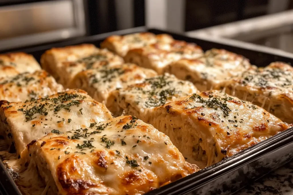 Golden brown chicken Alfredo lasagna rolls topped with melted cheese and parsley in a baking dish.