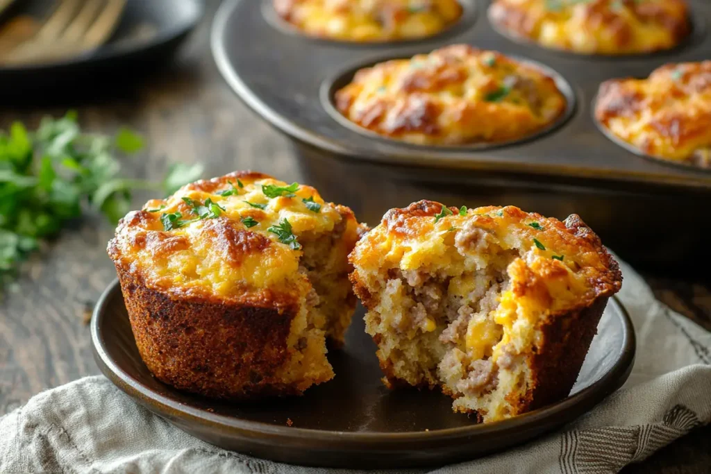 Golden-brown sausage muffins with melted cheese, garnished with parsley, served on a plate with a muffin tin in the background.