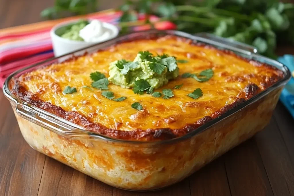 A delicious frozen burrito casserole topped with melted golden cheese, garnished with fresh cilantro and guacamole in a glass baking dish.