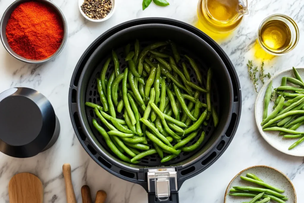 Air fryer cooking frozen green beans surrounded by seasonings, olive oil, and fresh herbs on a marble countertop.