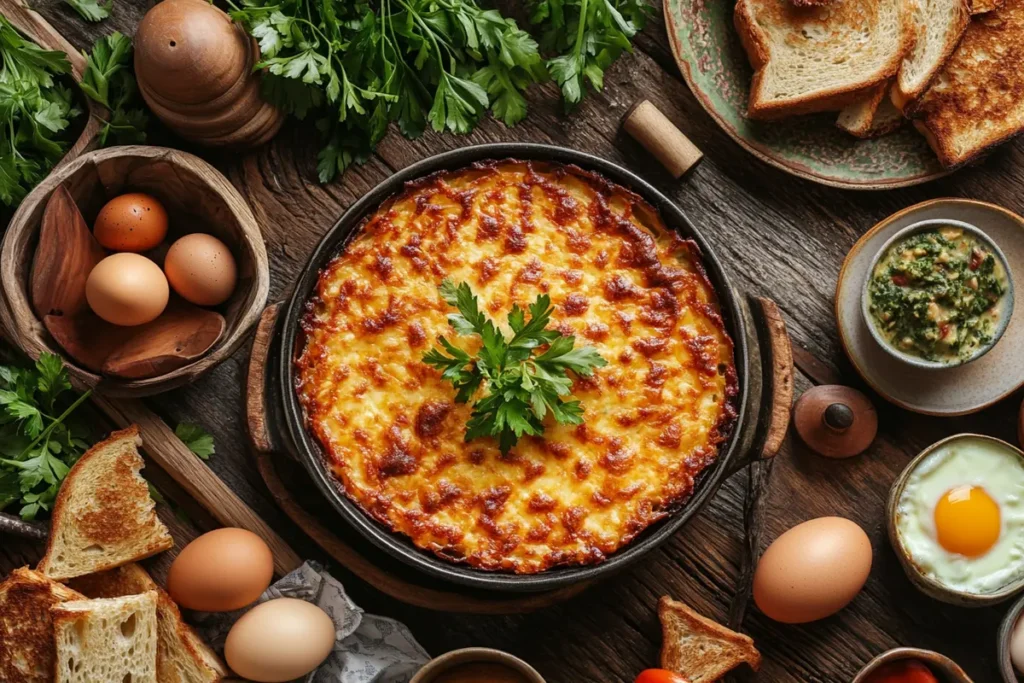 A golden, baked hashbrown casserole garnished with fresh parsley, surrounded by eggs, toast, and fresh herbs on a rustic wooden table.