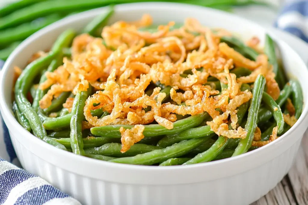Classic green bean casserole with crispy onion topping