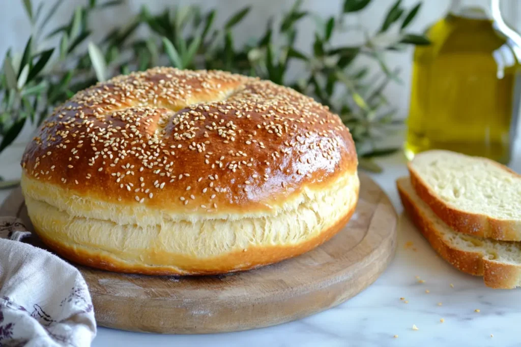 A freshly baked round loaf of muffuletta bread topped with sesame seeds, displayed on a wooden board with olive branches and a bottle of olive oil in the background.