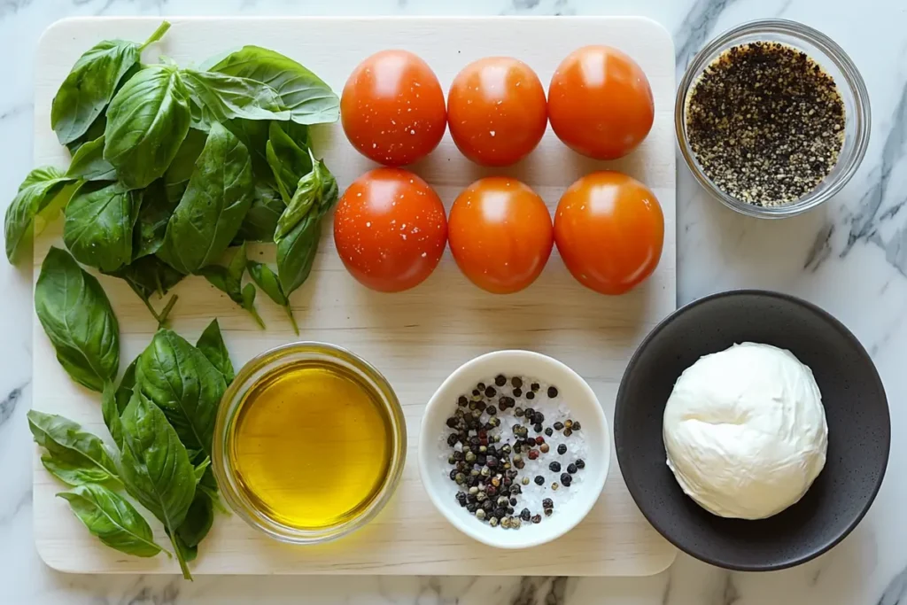 Fresh ingredients for making Burrata Caprese including tomatoes, burrata, basil, and olive oil