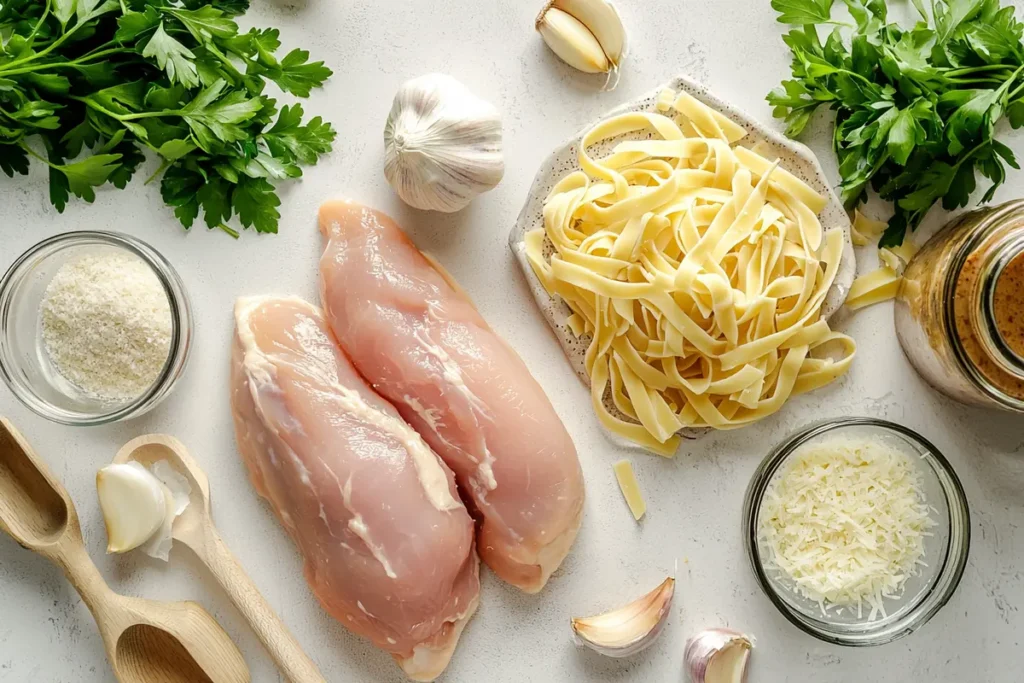 Ingredients for chicken Alfredo recipe with jar sauce laid out on a counter