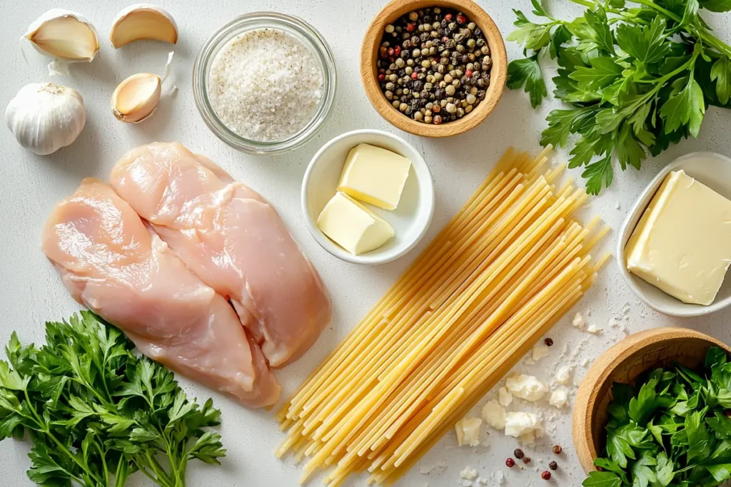Fresh ingredients for garlic Parmesan chicken pasta recipe