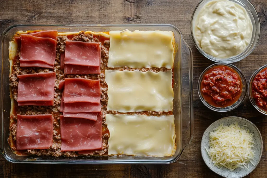 Layering Barilla lasagne sheets with sauces in a baking dish