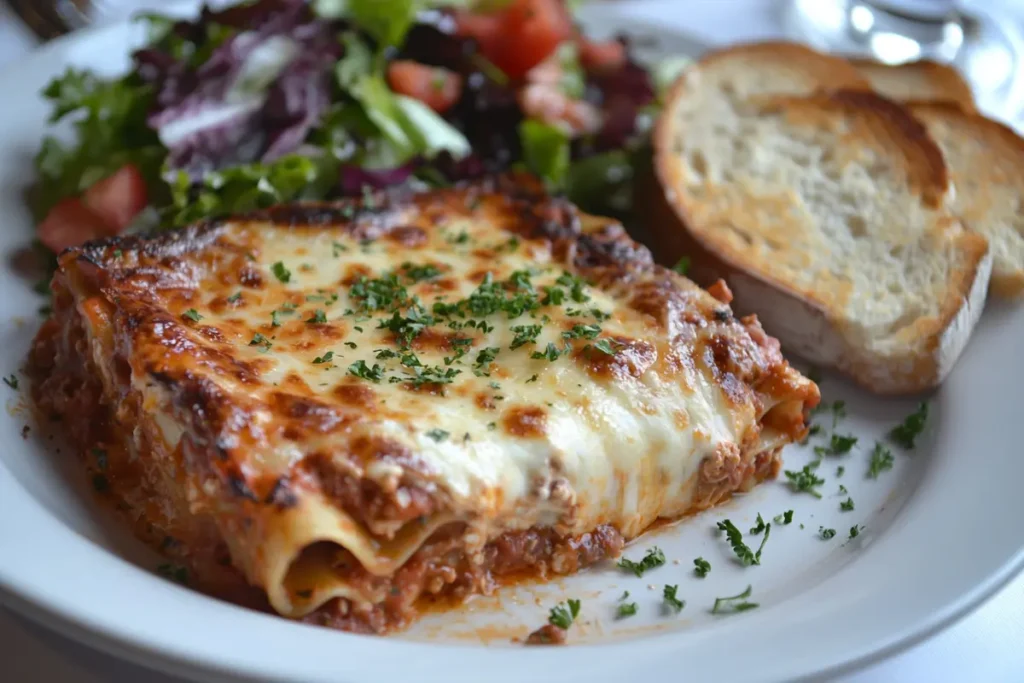 Slice of Barilla lasagna plated with salad and bread