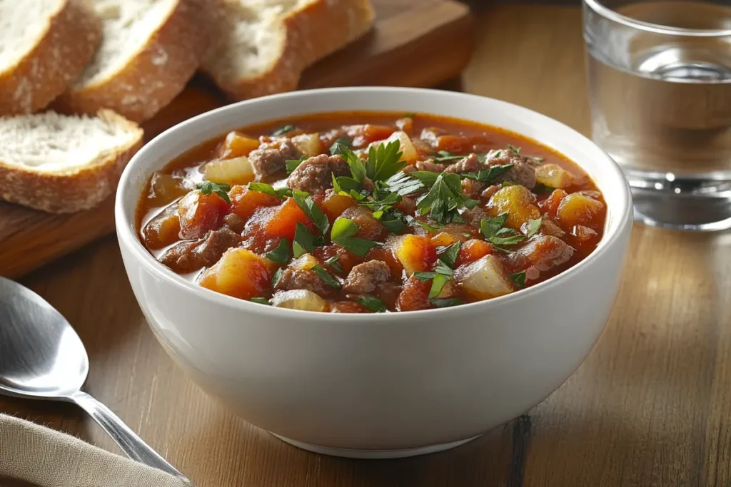 A hearty bowl of old-fashioned vegetable beef soup with fresh parsley garnish, served alongside slices of crusty bread on a wooden table.