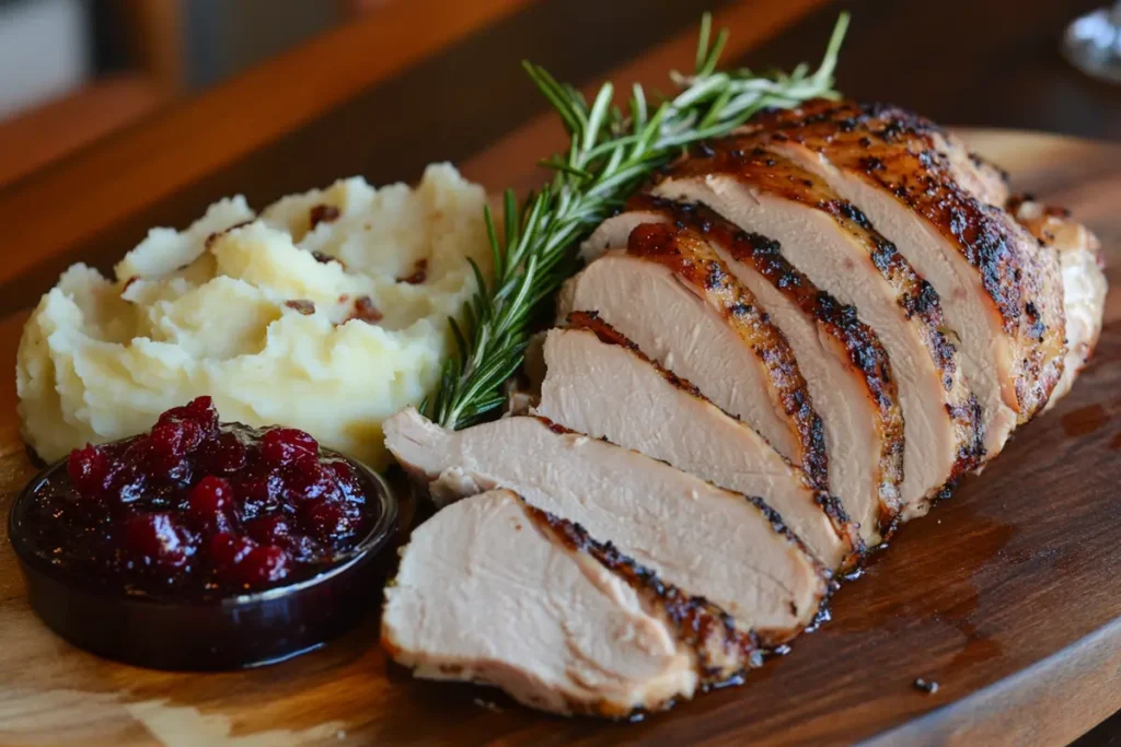 Smoked turkey breast sliced and served with mashed potatoes, cranberry sauce, and a sprig of rosemary on a wooden platter.