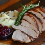 Smoked turkey breast sliced and served with mashed potatoes, cranberry sauce, and a sprig of rosemary on a wooden platter.