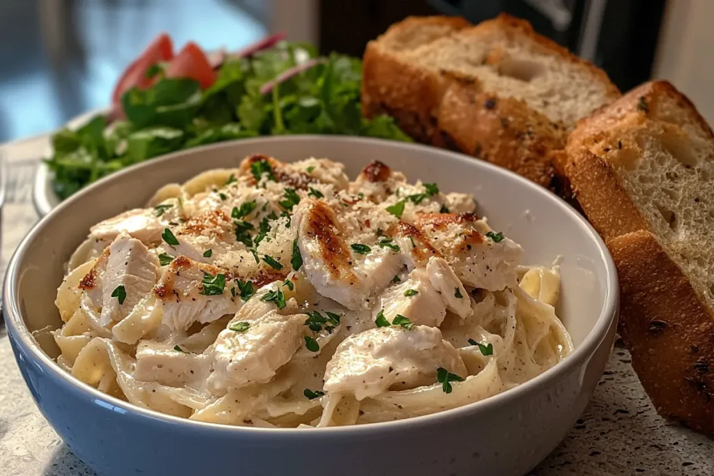 Served chicken Alfredo pasta bowl with salad and garlic bread