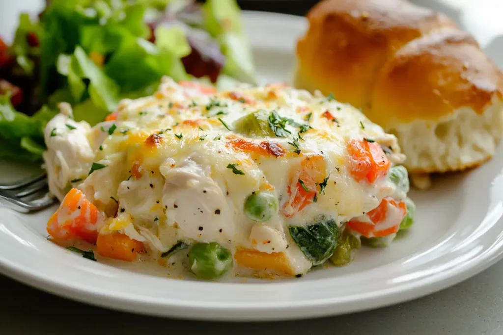 Served chicken vegetable casserole with salad and bread on the side