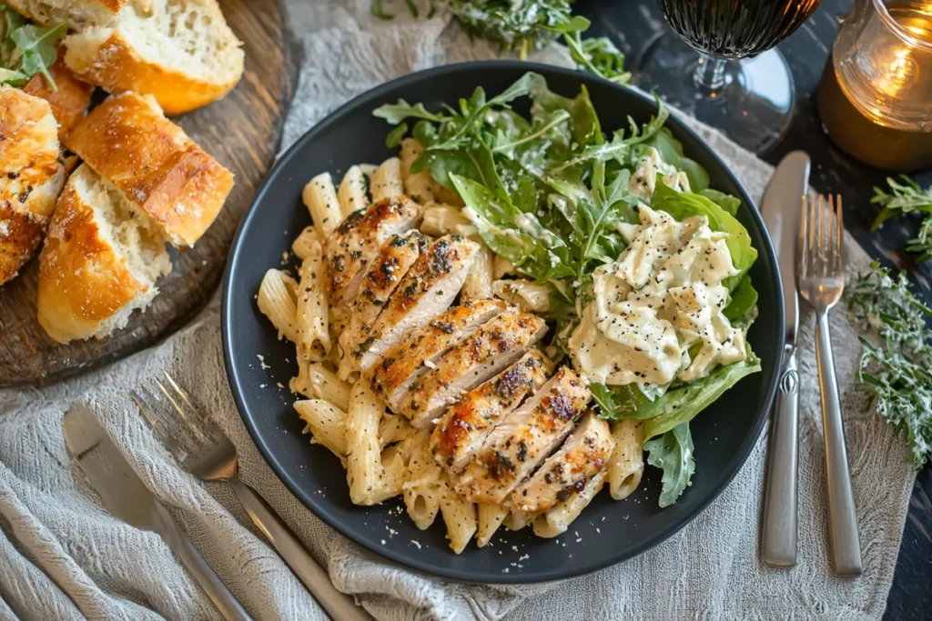 Garlic Parmesan chicken pasta with Caesar salad and garlic bread