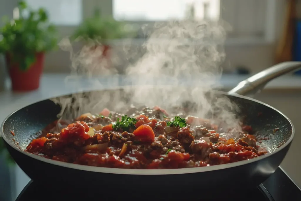 Meat sauce simmering with herbs in a skillet