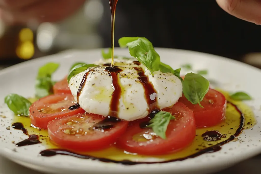 Step-by-step photo of preparing Burrata Caprese salad with tomato slices, burrata, basil, and oil