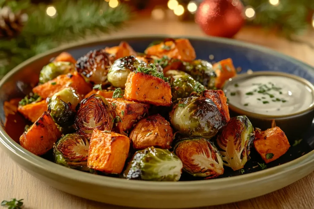 Perfectly roasted Brussels sprouts and sweet potatoes garnished with fresh herbs, served in a ceramic bowl with a creamy dipping sauce on the side.