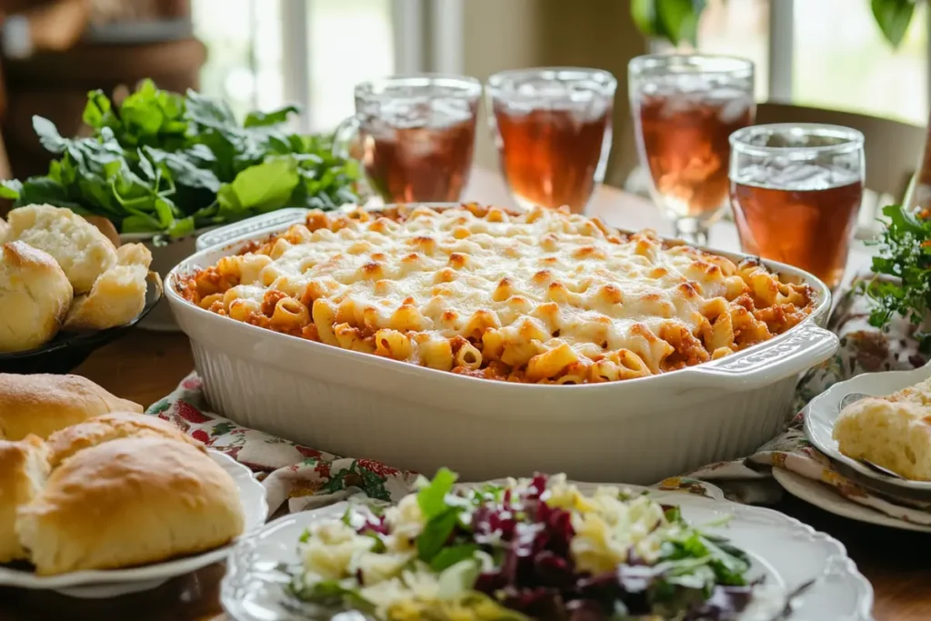 Rotel Pasta served in a white casserole dish, topped with melted cheese, surrounded by fresh salad, dinner rolls, and iced tea on a dinner table.