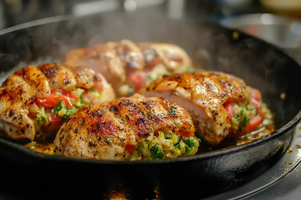 Cajun stuffed chicken breasts searing in a skillet.