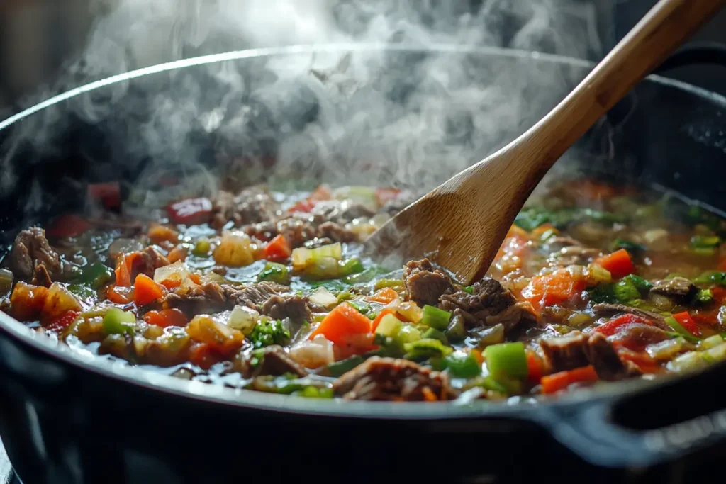 Beef and vegetables simmering in a pot with visible steam