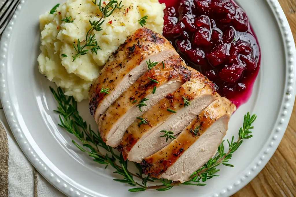 Smoked turkey breast plated with classic holiday sides