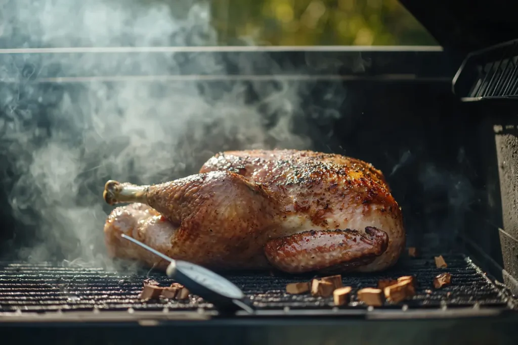 Turkey breast smoking on a grill with thermometer