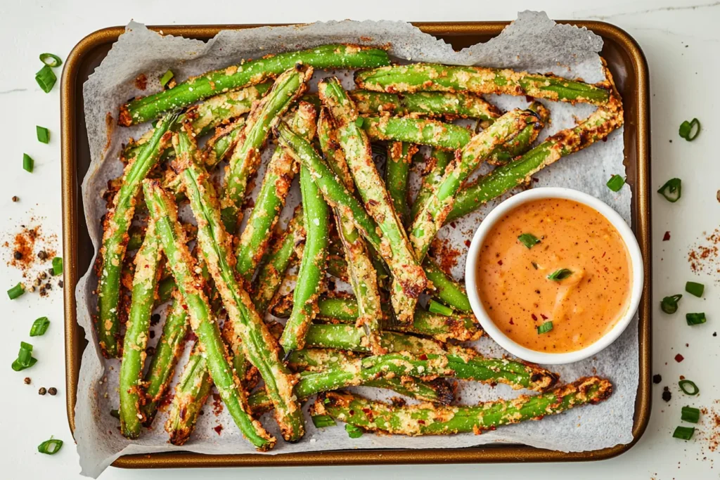 Crispy air-fried green bean fries with dipping sauce
