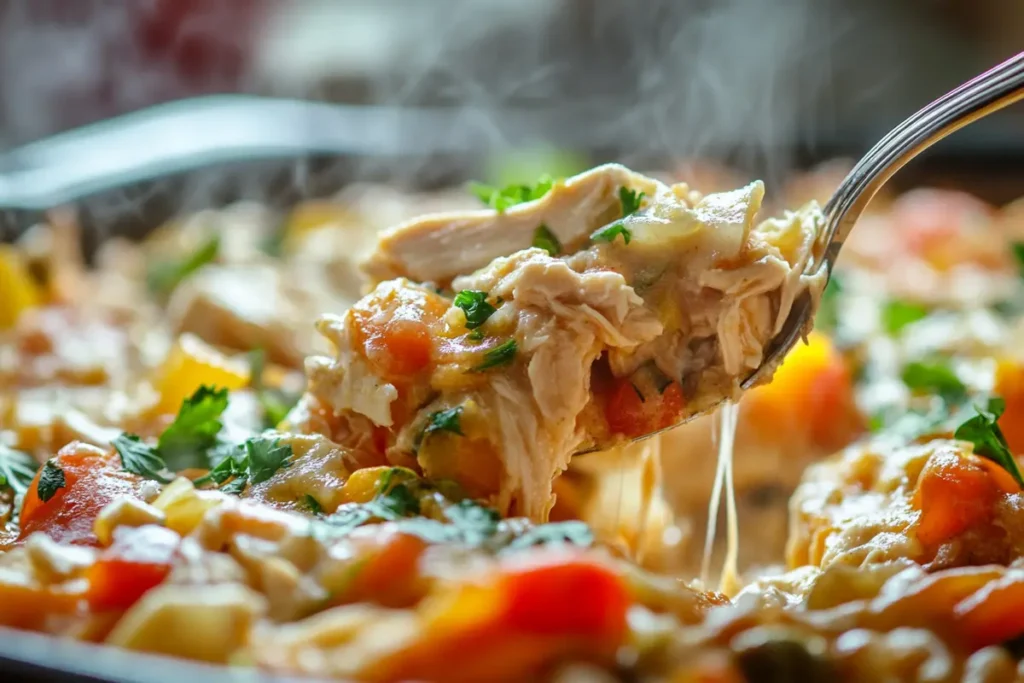 A close-up of a steaming chicken vegetable casserole being scooped with a spoon, showing tender chicken, colorful vegetables, and melted cheese.