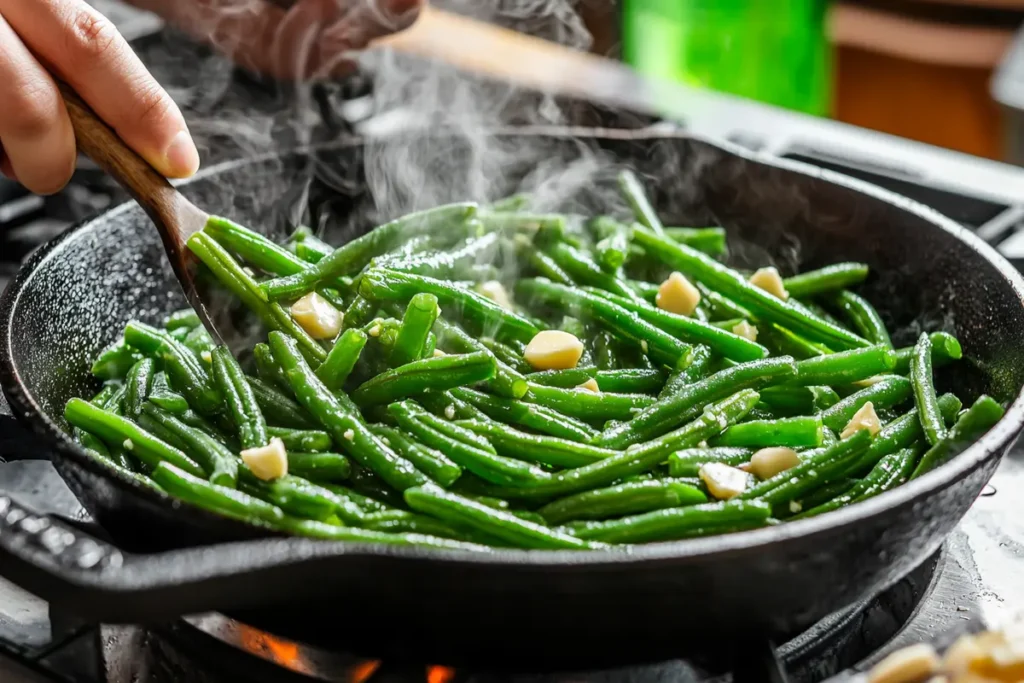 Frozen Green Bean Recipes: Sautéing frozen green beans with garlic in a skillet