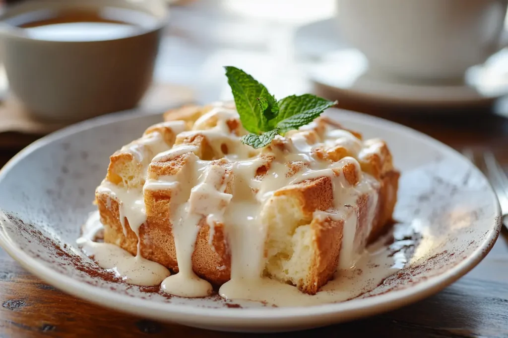 Close-up of white chocolate bread pudding drizzled with creamy white chocolate sauce, garnished with a fresh mint leaf on a rustic table.