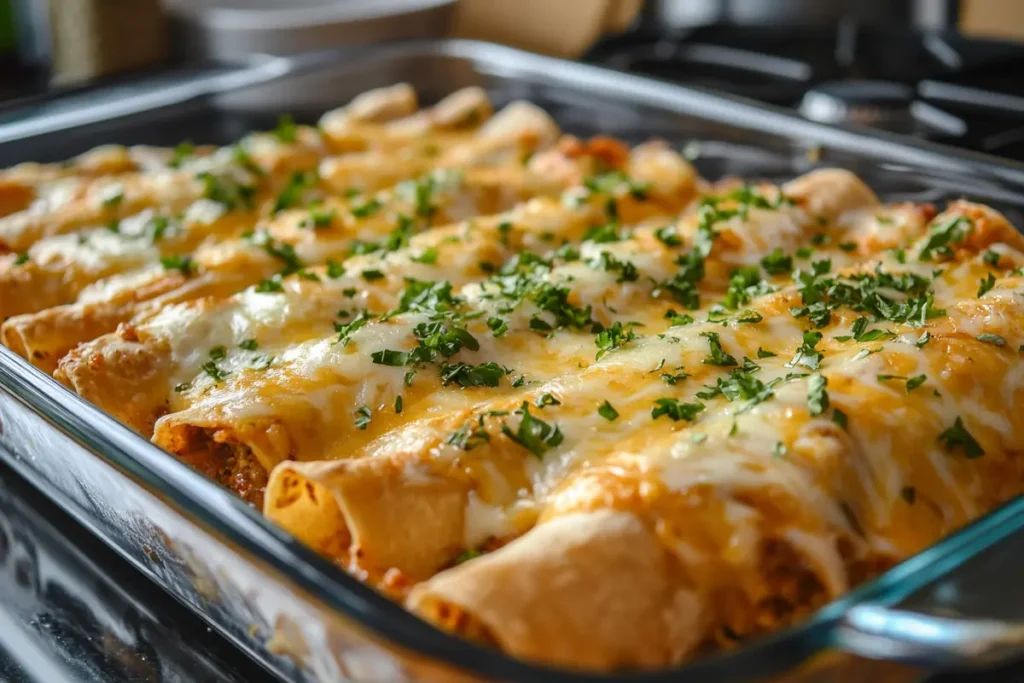 Frozen burritos baked with melted cheese and cilantro garnish in a glass dish.
