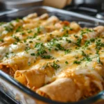 Frozen burritos baked with melted cheese and cilantro garnish in a glass dish.