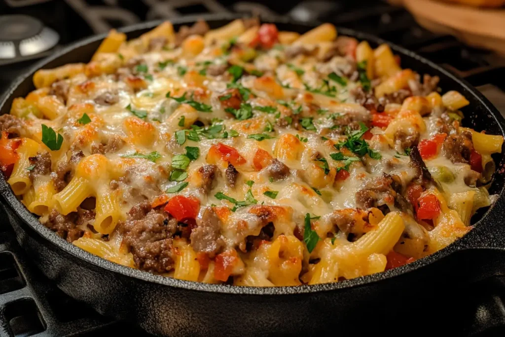 Philly Cheesesteak Pasta in a cast-iron skillet topped with melted cheese, ground beef, and fresh parsley.