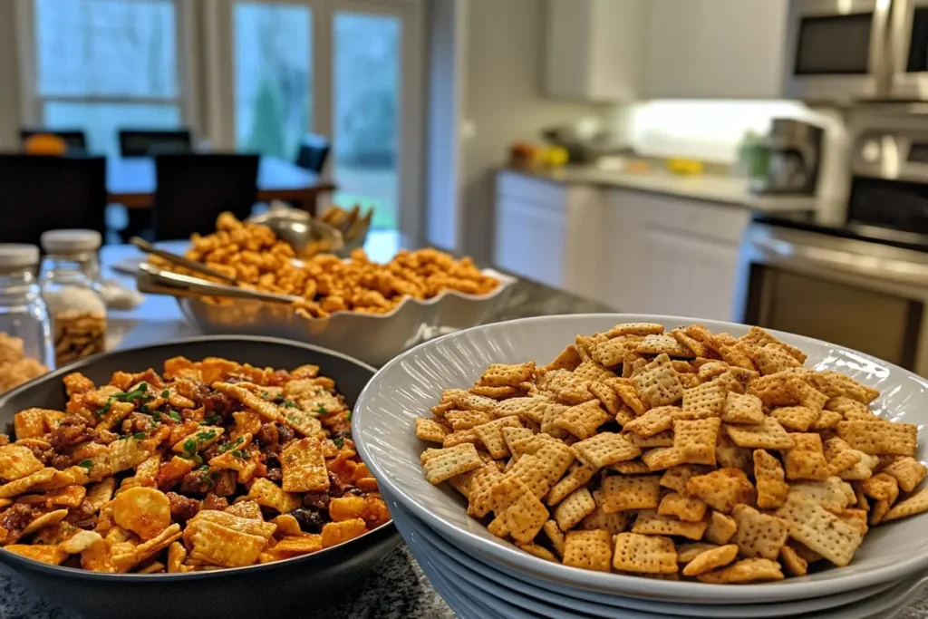 A close-up of a bowl of homemade Gluten Free Chex Mix, featuring seasoned Chex cereal, nuts, and pretzels, with other snacks and kitchen elements in the background.